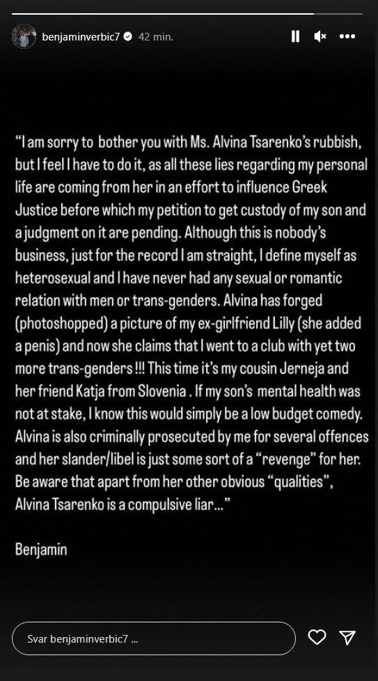 Benjamin Verbic' svar til ekskærestens beskyldninger. 