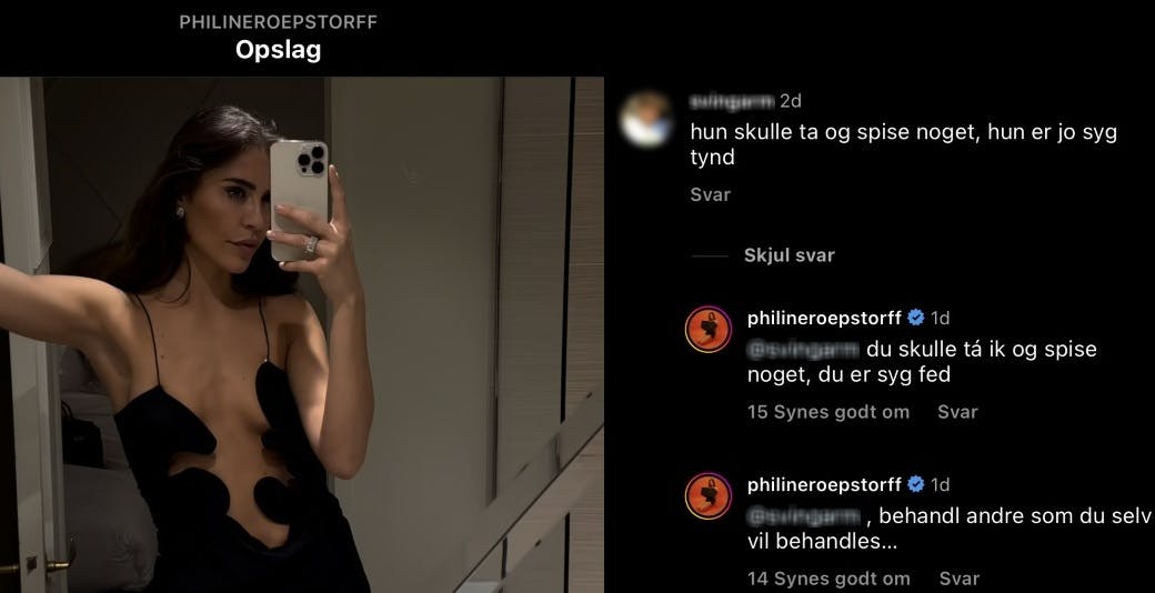 Her ses&nbsp;Philine Roepstorffs&nbsp;svar til følgeren, der kritiserer hendes krop.
