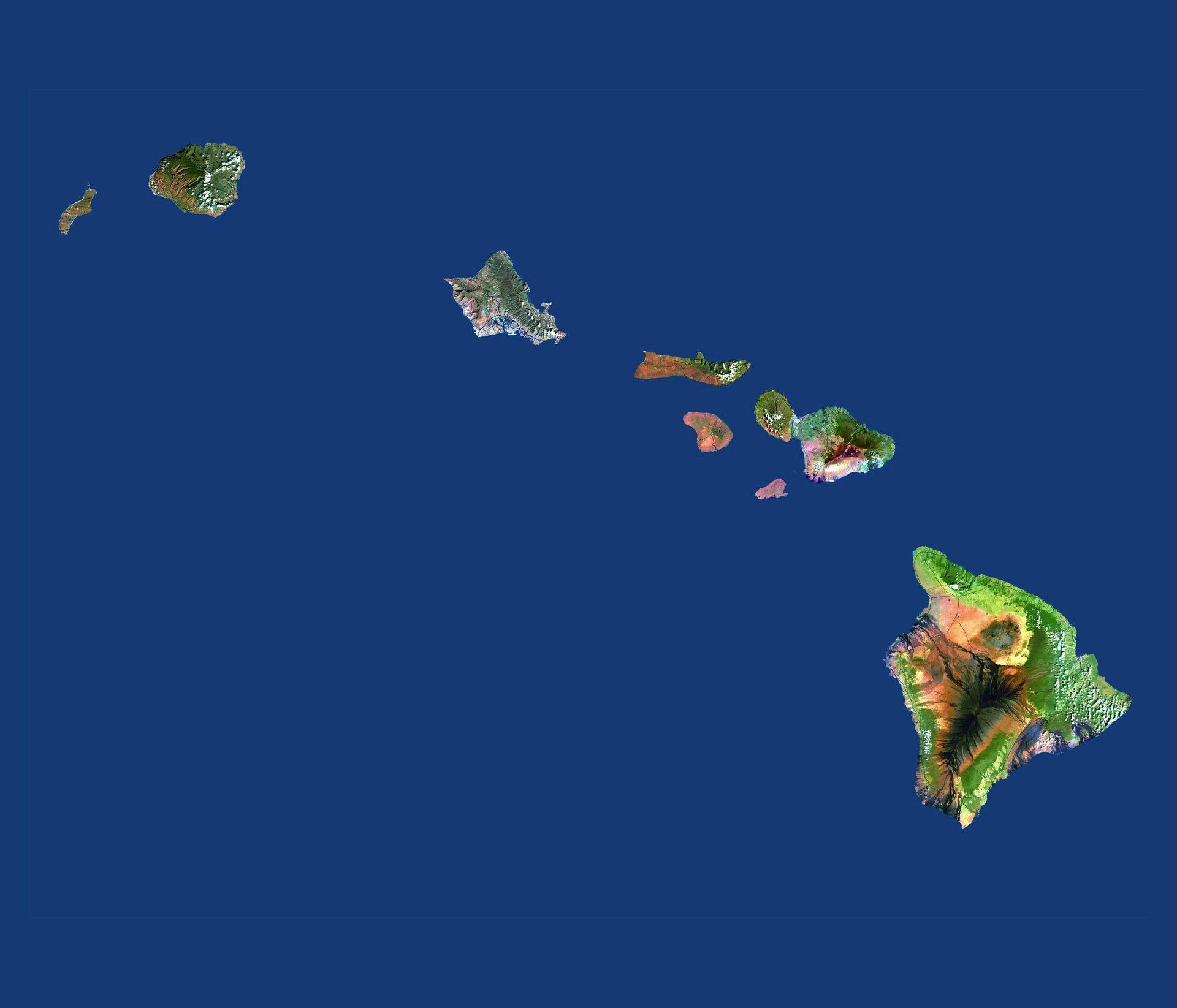 Øerne på Hawaii. Fra nederst: Big Island, Maui, Lanai, Molokai, Oahu og Kauai. Parret snorklede ud for Lanai, da de blev glemt.&nbsp;

