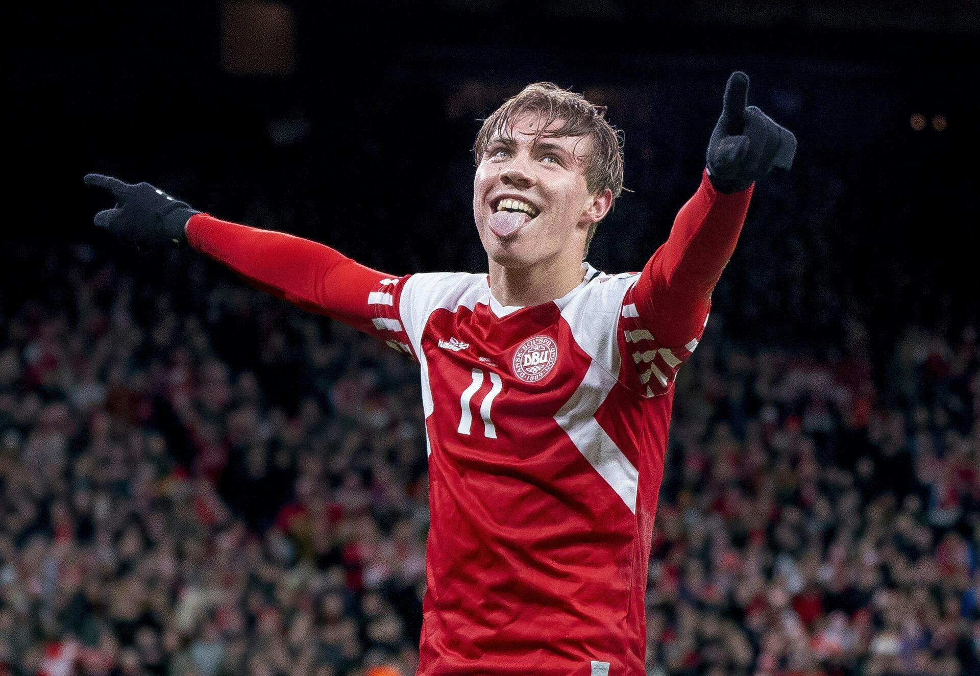 Danmarks Rasmus Højlund til 2-1 under EM kvalifikationskamp mellem Danmark - Finland i Parken. Han nåede lige endnu et mål.
