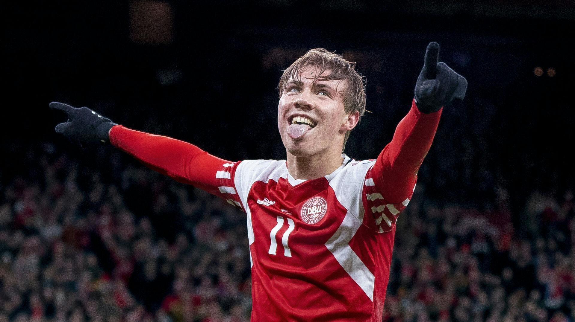 Danmarks Rasmus Højlund til 2-1 under EM kvalifikationskamp mellem Danmark - Finland i Parken. Han nåede lige endnu et mål.