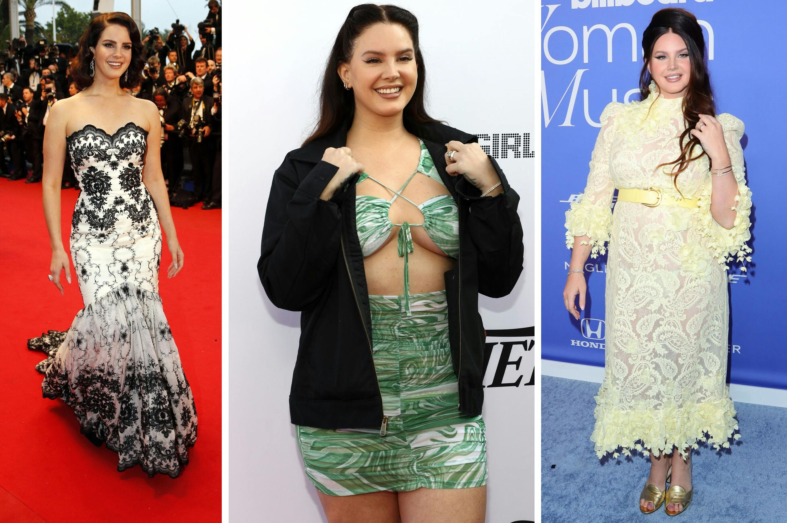 Lana Del Rey fotograferet i henholdsvis 2013, 2020 og 2023.