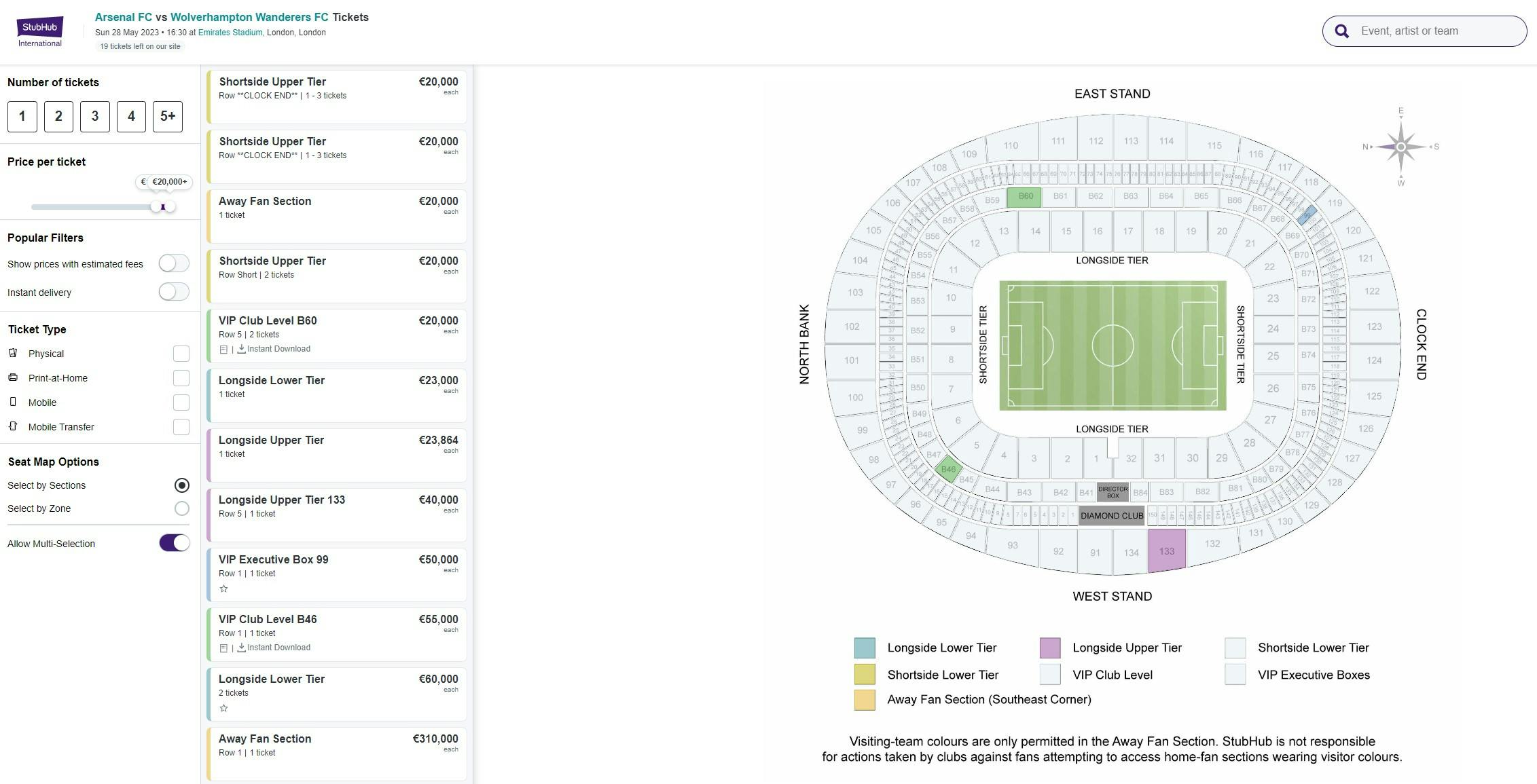 Man skal være en særdeles rig og stor Arsenal-fan, hvis man skal se sidste kamp i sæsonen, hvor Arsenal kan have sikret sig Premier League-mesterskabet. En billet kan gennem StubHub koste 2,3 millioner kroner.