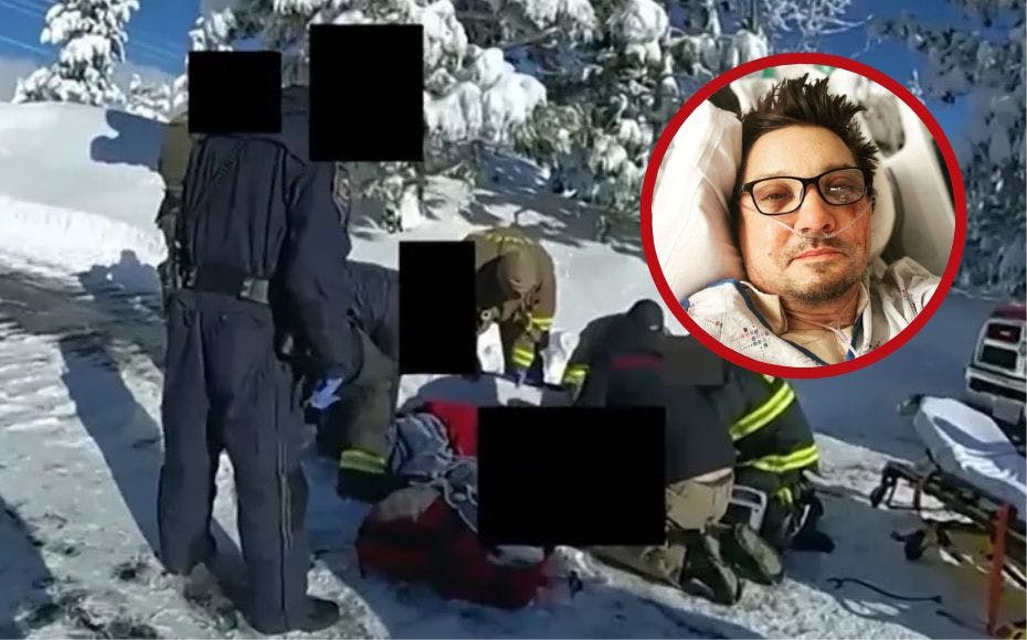 Her kan man se paramedicinere arbejde på at redde Jeremy Renners liv, mens han ligger knust i en blodpøl.