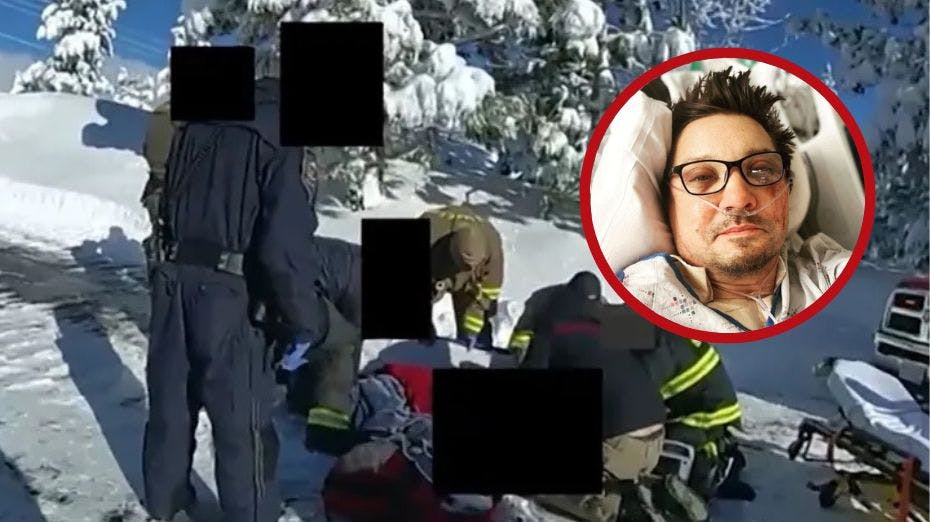 Her kan man se paramedicinere arbejde på at redde Jeremy Renners liv, mens han ligger knust i en blodpøl.