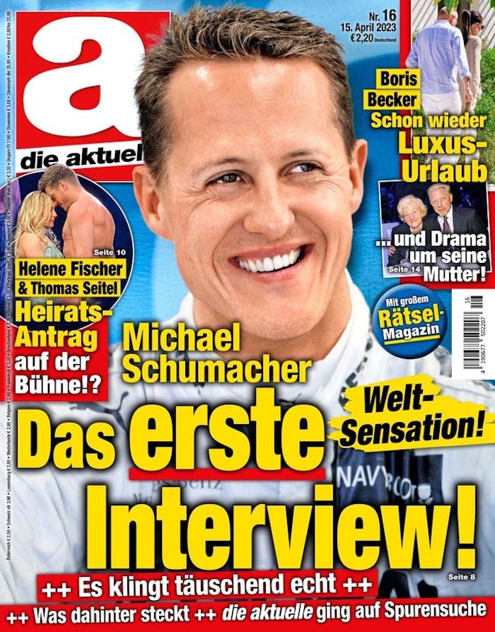 Sådan ser forsiden med det falske "første" interview med Michael Schumacher ud.