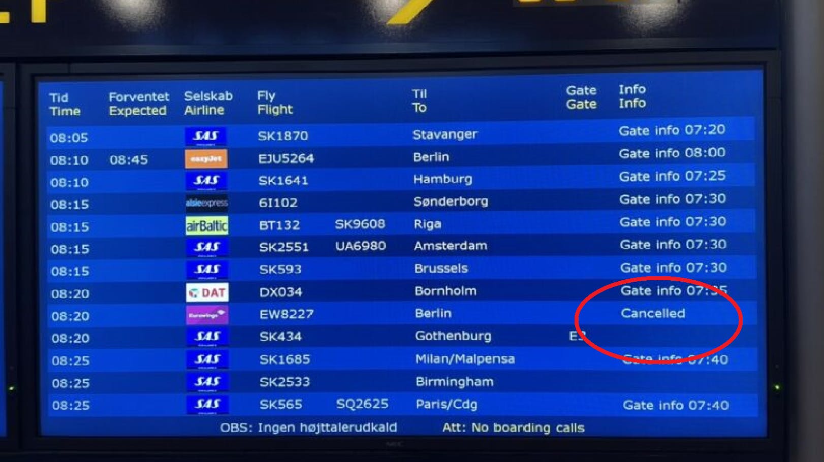 Alle afgange fra Berlin-Brandenburg lufthavn er aflyst. Også fly fra København dertil er aflyst. nbsp;