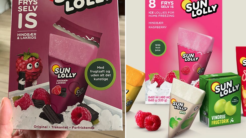 Til venstre ses en pakke Sun Lolly med 10 is i købt sidste sommer, mens den nye pakke med 8 stk. is i er fra Sun Lollys hjemmeside. 
