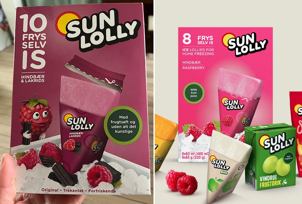 Til venstre ses en pakke Sun Lolly med 10 is i købt sidste sommer, mens den nye pakke med 8 stk. is i er fra Sun Lollys hjemmeside. 