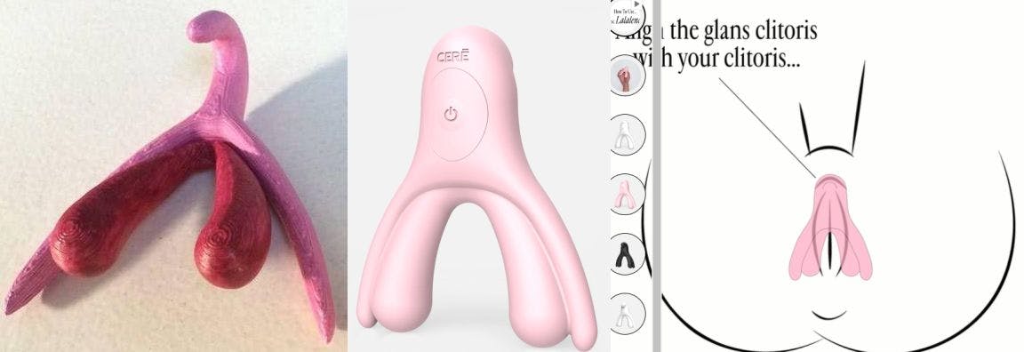 En 3D-printet klitoris, legetøjet Lalalena samt hvor den skal placeres.
