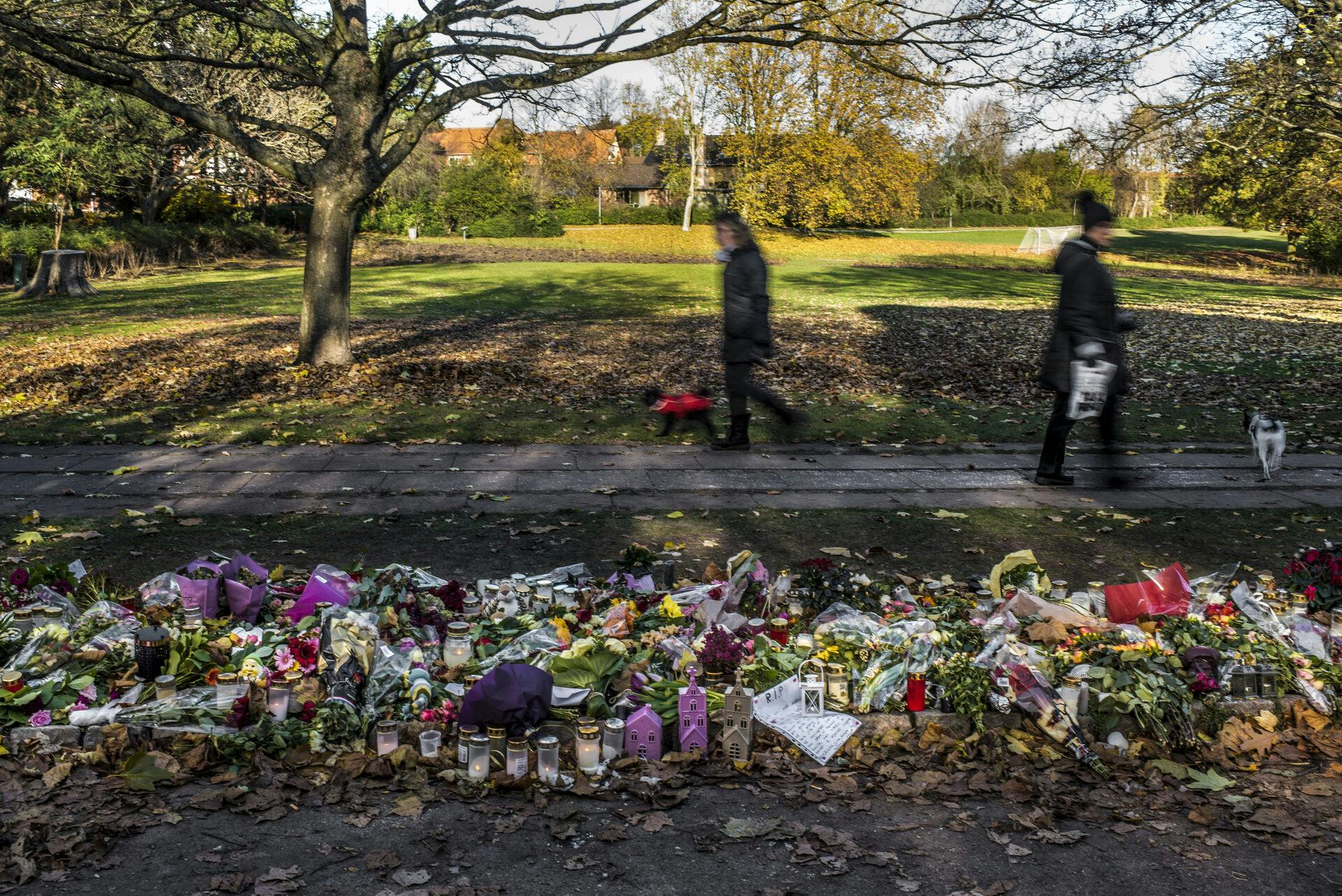 Blomster og lys lå sirligt i Elverparken ved stedet, hvor gravide Louise Borglit blev dræbt med 11 knivstik. 