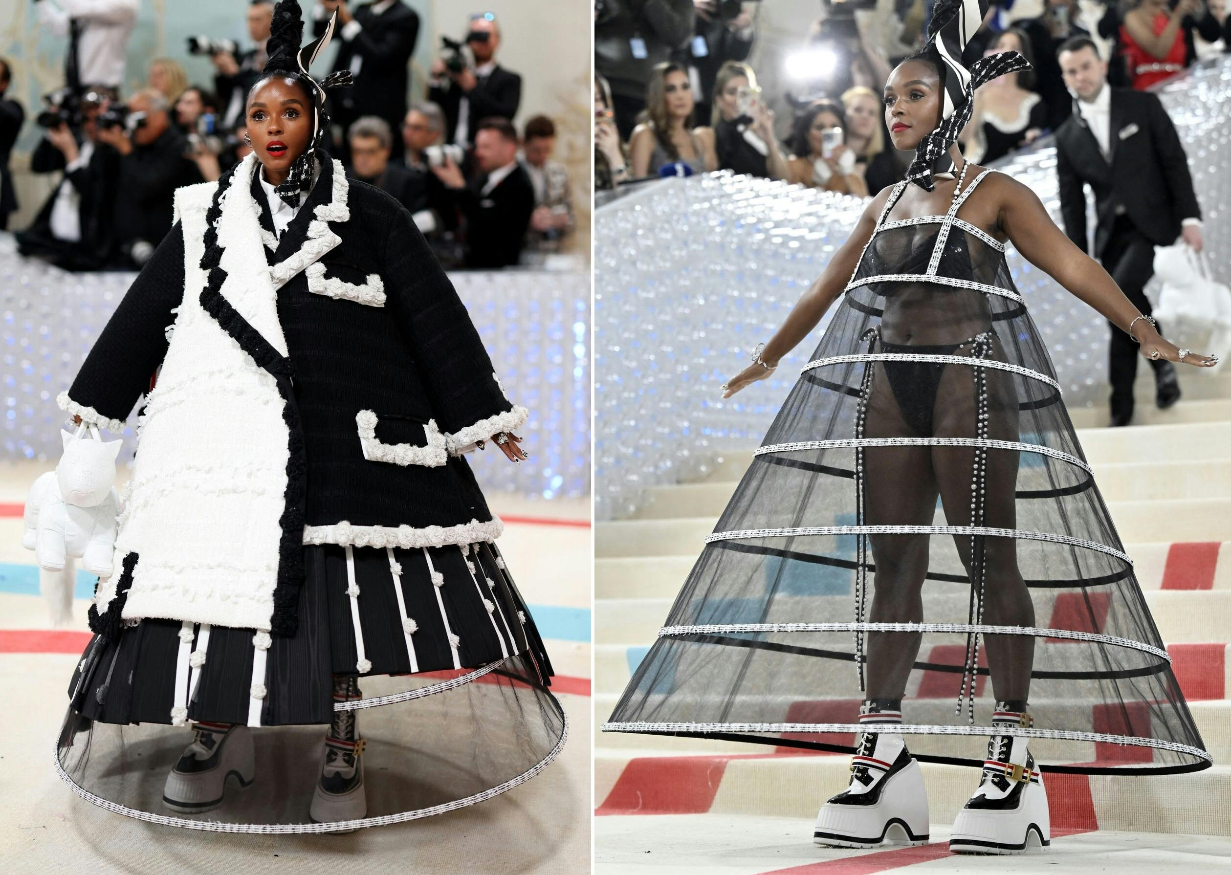 Janelle Monáe i sit tøjskift midt på den røde løber.