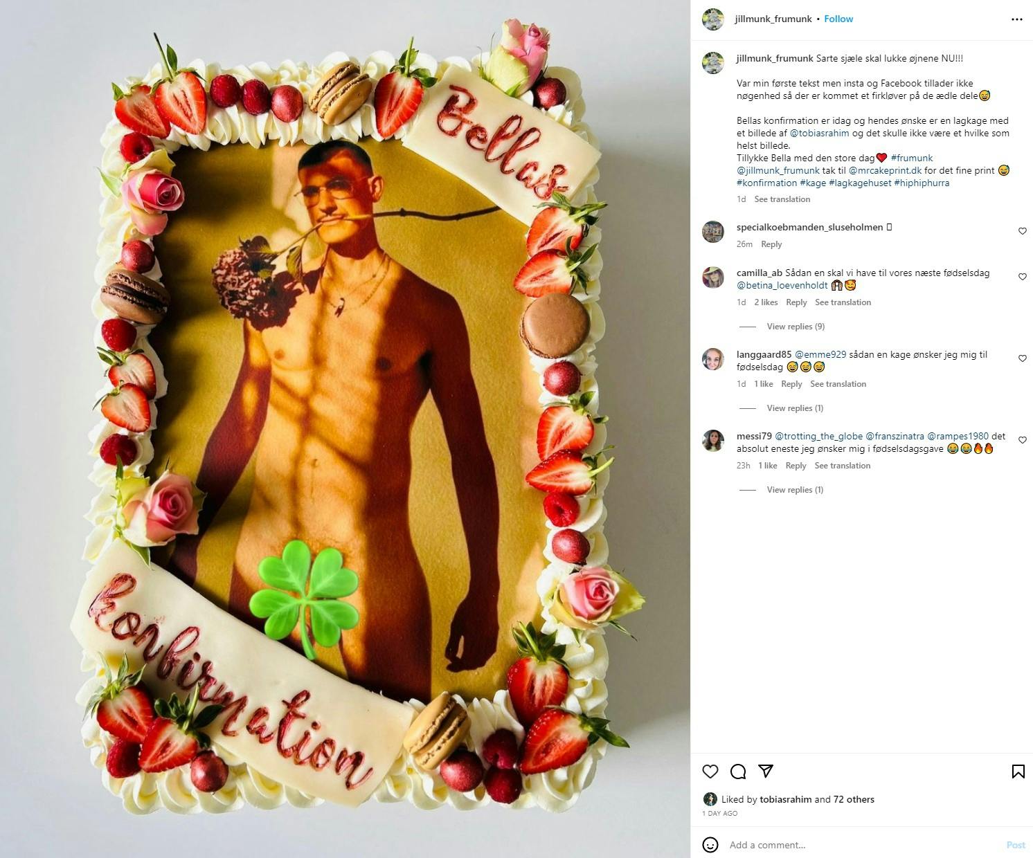 Nede i højre hjørne er det til at se, at Tobias Rahim har været forbi "Fru Munks" Instagram-opslag for at smide et like.