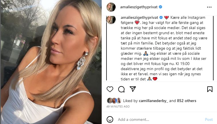 Amalie Szigehtys opslag er nu blevet fjernet sammen med den deaktivere Instagramprofil.
