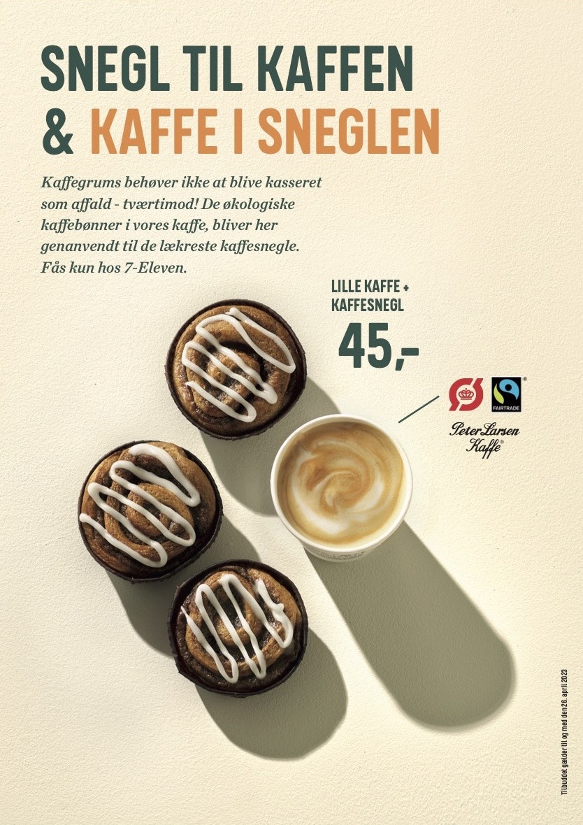 Snegl til kaffe - og kaffe i sneglen. De overskydende kaffefibre findes allerede i det populære bagværk i 7-Eleven.&nbsp;
