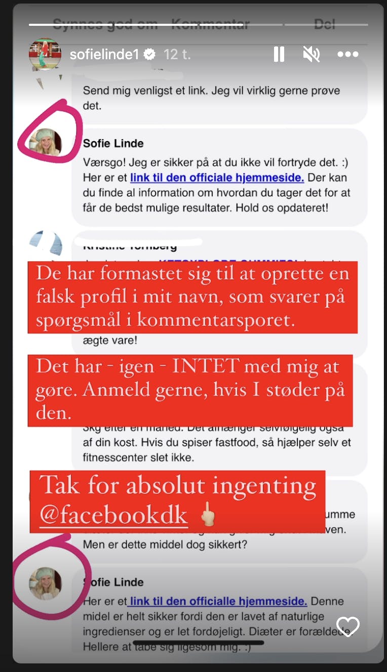 Sofie Linde fortæller på sin Instagram, hvordan hun på Facebook er blevet udnyttet som reklame. 