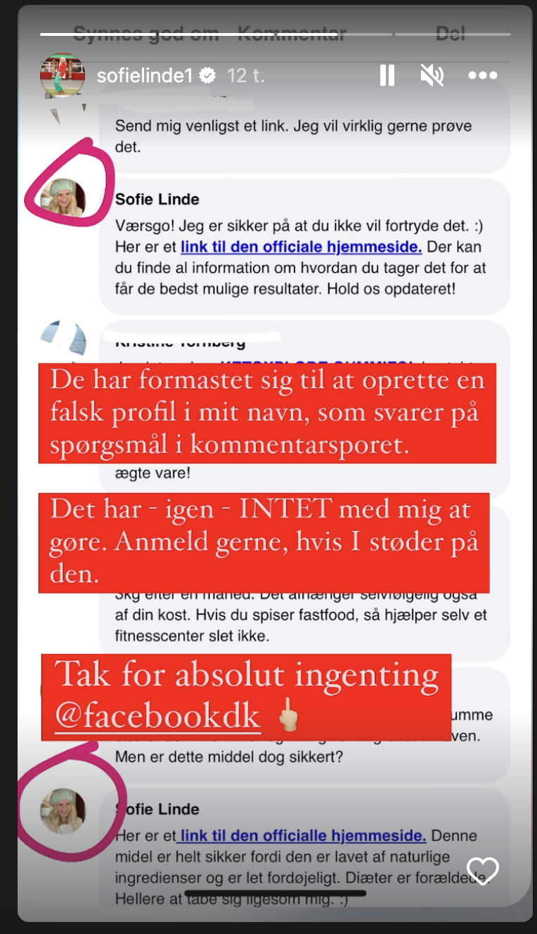 Sofie Linde fortæller på sin Instagram, hvordan hun på Facebook er blevet udnyttet som reklame.&nbsp;
