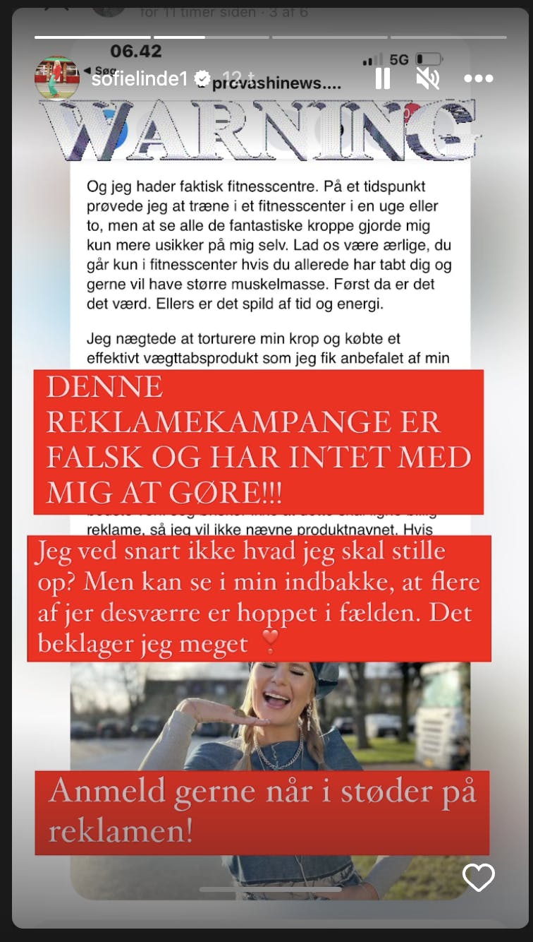 Sofie Linde fortæller på sin Instagram, hvordan hun på Facebook er blevet udnyttet som reklame. 