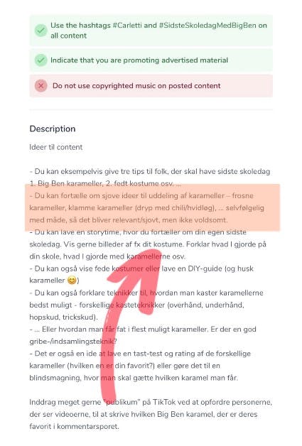 Her er instruktionen, som influencerne fik fra Carletti.