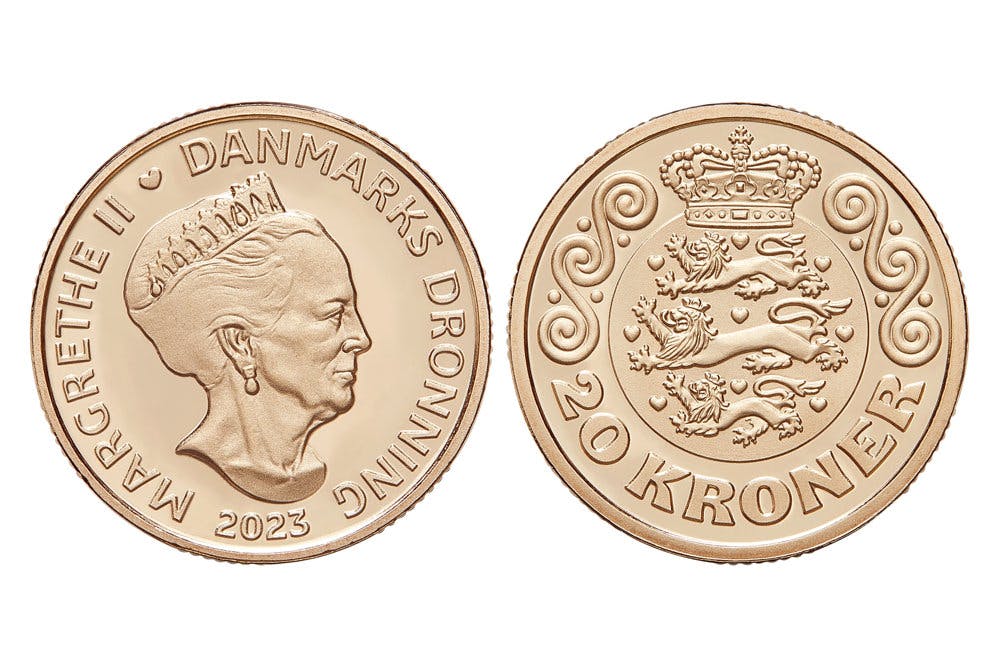 Sådan kommer den nye mønt med dronning Margrethe til at se ud.
