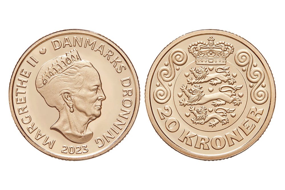 Sådan kommer den nye mønt med dronning Margrethe til at se ud.