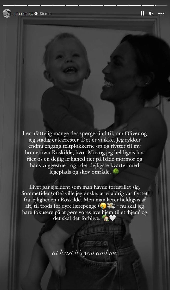 Anna Seneca bekræfter på Instagram, at hende og Oliver Filthuth er gået fra hinanden. 