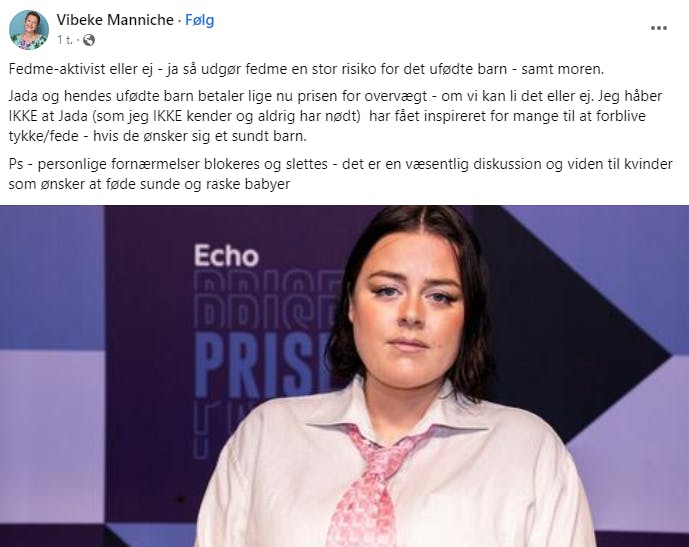 Et screenshot af det opslag, som Vibeke Manniche efterfølgende har slettet, men som siden da er blevet delt af en række danske kendisser og privatpersoner på både Facebook og Instagram.