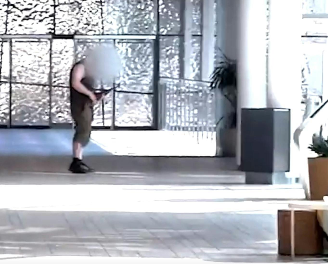 Billeder inde fra Field's viser, hvordan den i dag 23-årige mand jagter folk rundt i shoppingcenteret, bevæbnet med en riffel.