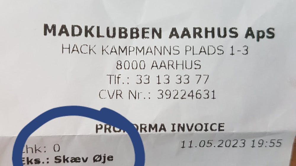 Sådan stod der på kvitteringen fra Madklubben Aarhus, hvilket har fået gæsten op i det røde felt.