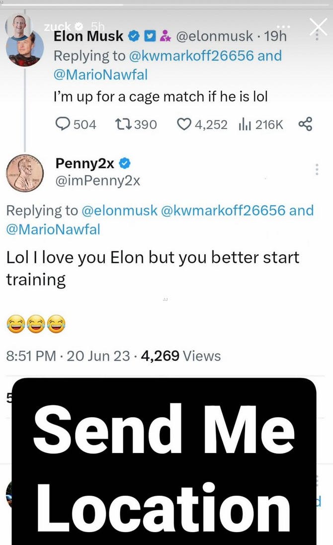 Mark Zuckerberg er klar til at kæmpe med Elon Musk.