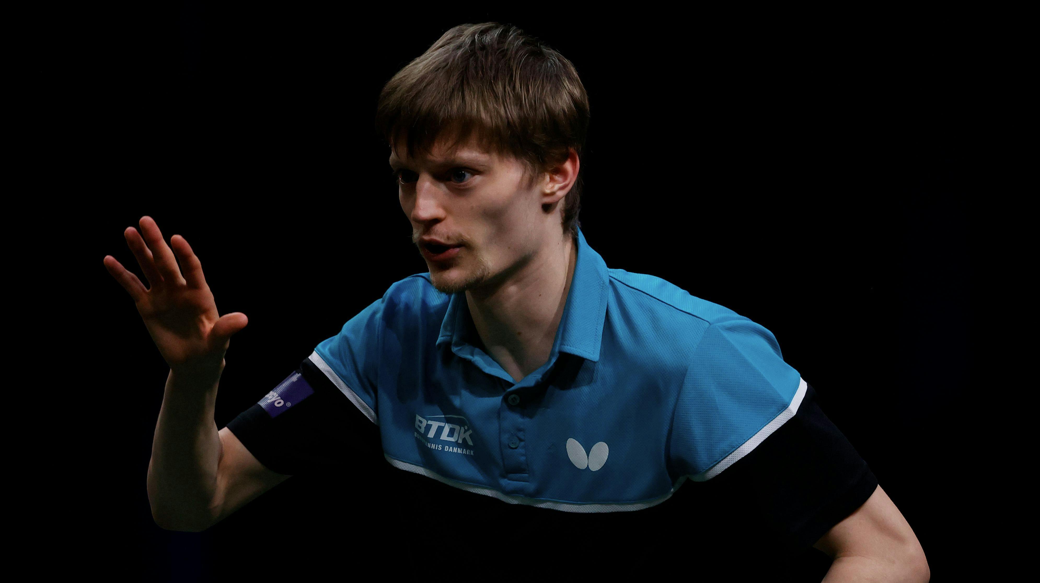 Denmark's Anders Lind reacts during the men's single table tennis quarter final match at the 2023 ITTF World Table Tennis Championships Finals in Durban on May 26, 2023. (Photo by PHILL MAGAKOE / AFP)