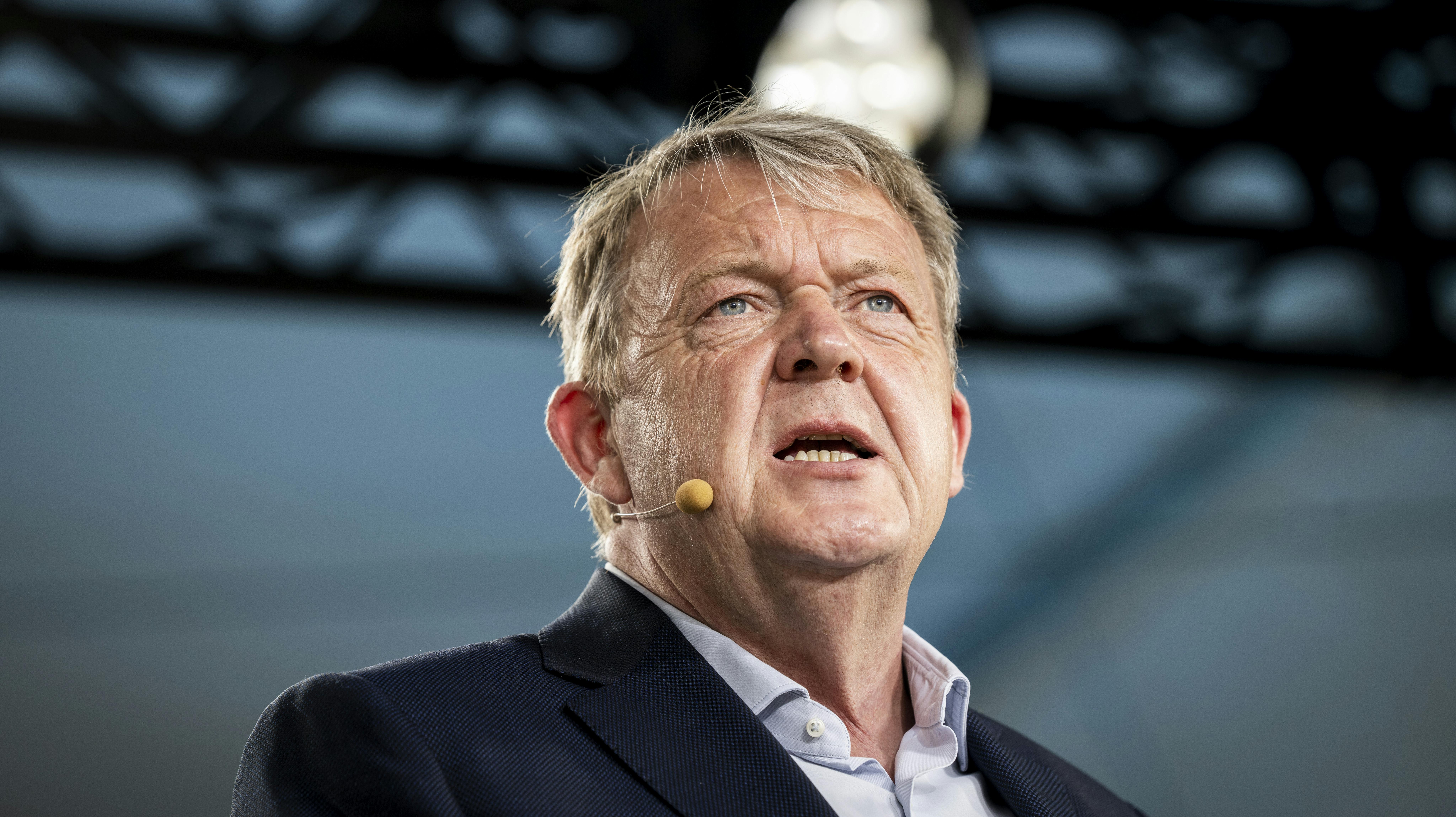 Formand for Moderaterne, Lars Løkke Rasmussen, holder partiledertale på Hovedscenen på Folkemødet i Allinge, torsdag den 15. juni 2023. (Foto: Ida Marie Odgaard/Ritzau Scanpix)