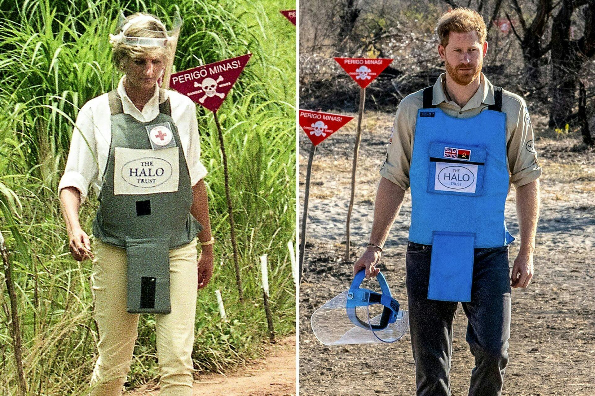 A combination of images shows handout photos made available by the HALO Trust of Prince Harry, Duke of Sussex (R), visiting the minefield in Dirico, Angola on September 27, 2019 and his late mother Diana, Princess of Wales, during her visit to a minefield in Angola on January 15, 1997. Britain's Prince Harry on September 27, 2019 walked through a cleared minefield in Angola, tracing his late mother's footsteps to draw attention to a country that remains plagued by land mines. The HALO Trust / AFP