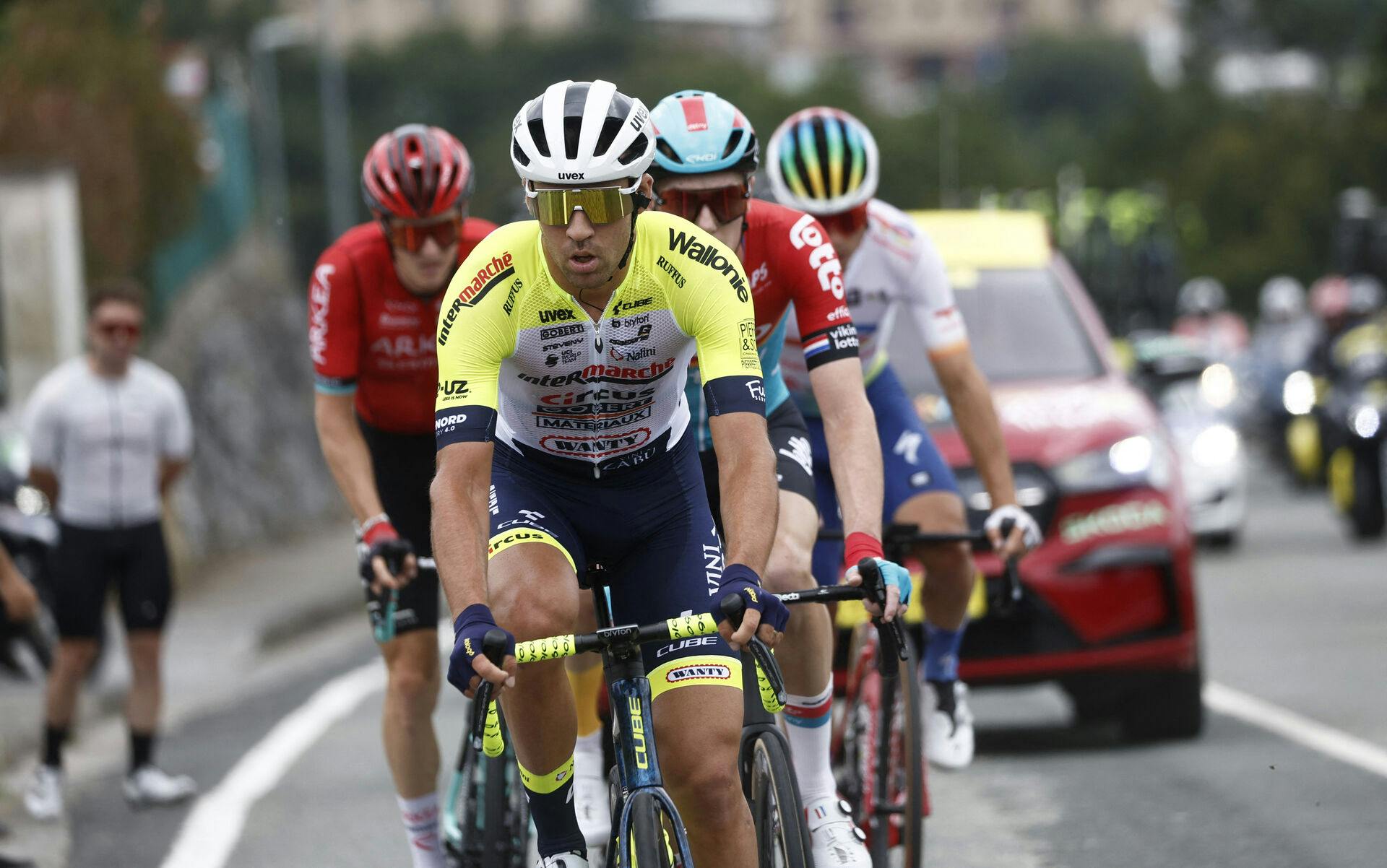 Cycling - Tour de France - Stage 1 - Bilbao to Bilbao - Spain - July 1, 2023 Intermarche-Circus-Wanty's Lilian Calmejane in action with riders during stage 1 REUTERS/Benoit Tessier