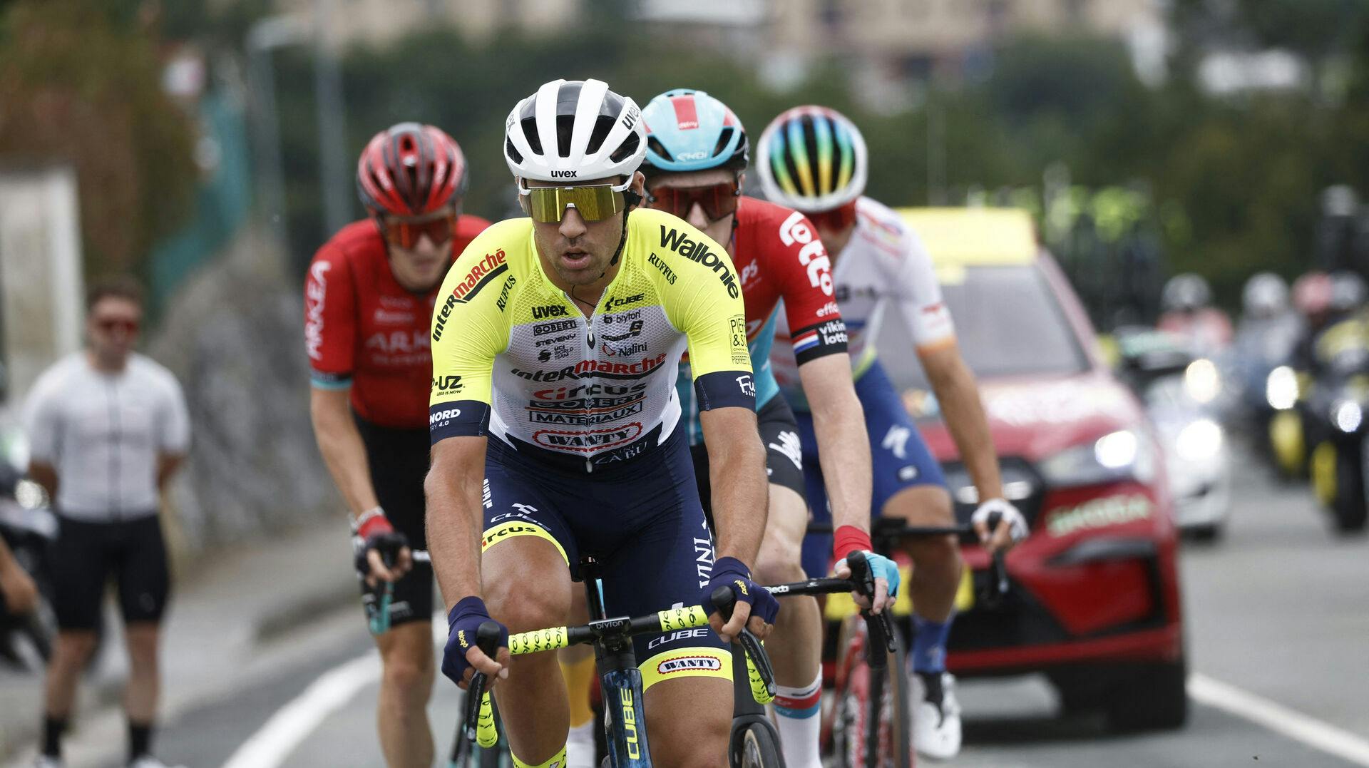 Cycling – Tour de France – Stage 1 – Bilbao to Bilbao – Spain – July 1, 2023 Intermarche-Circus-Wanty's Lilian Calmejane in action with riders during stage 1 REUTERS/Benoit Tessier
