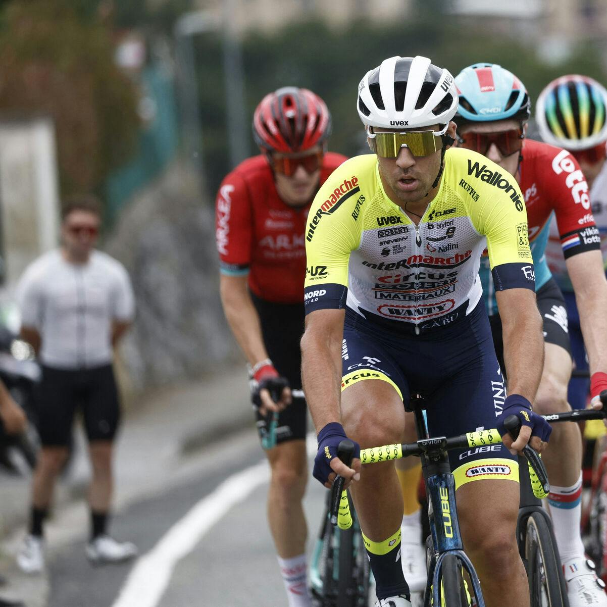 Cycling - Tour de France - Stage 1 - Bilbao to Bilbao - Spain - July 1, 2023 Intermarche-Circus-Wanty's Lilian Calmejane in action with riders during stage 1 REUTERS/Benoit Tessier