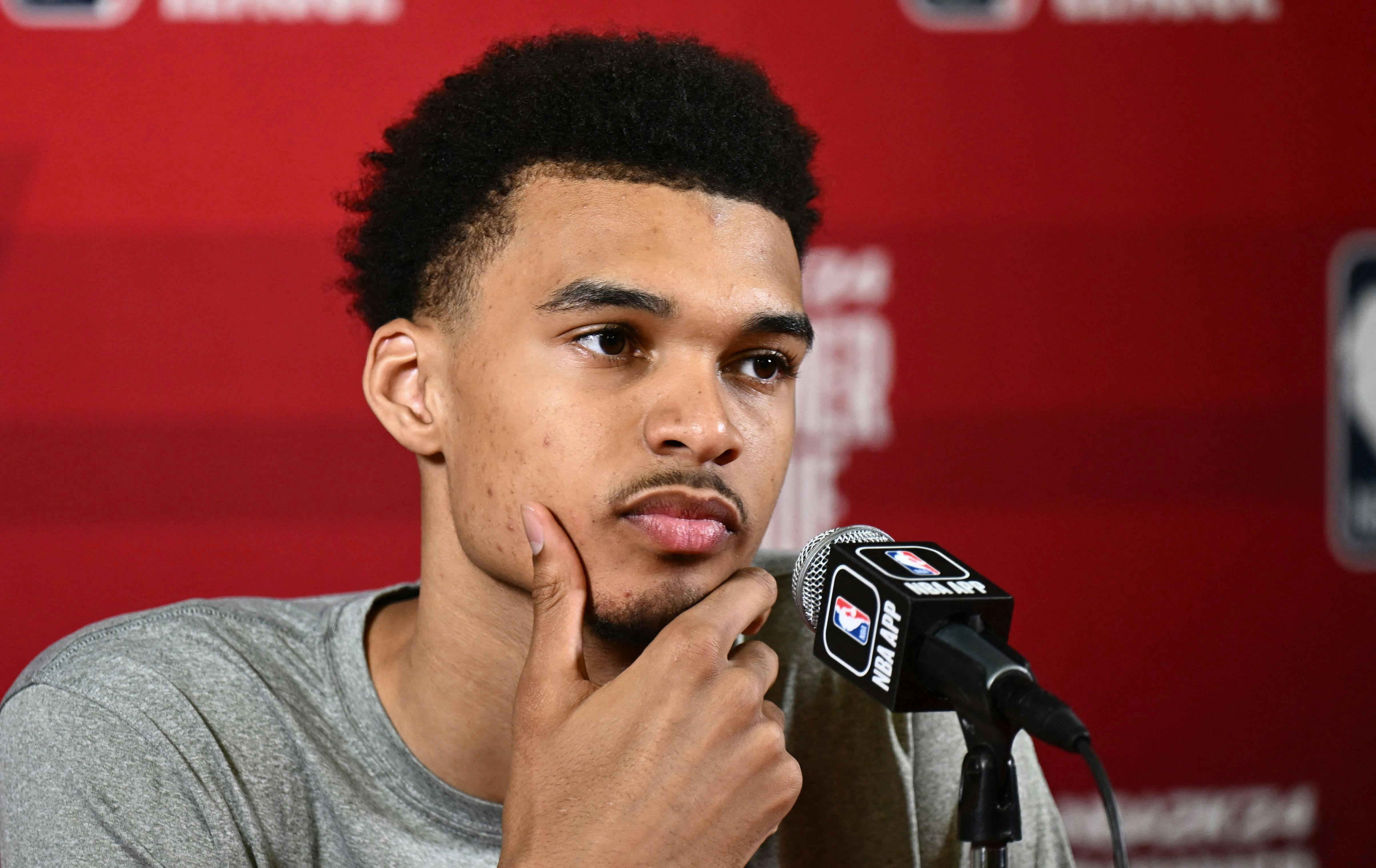 San Antonio Spurs' Victor Wembanyama speaks to the media after the NBA Summer League game between the San Antonio Spurs and Charlotte Hornets, at the Thomas and Mack Center in Las Vegas, Nevada, on July 7, 2023. (Photo by Patrick T. Fallon / AFP)