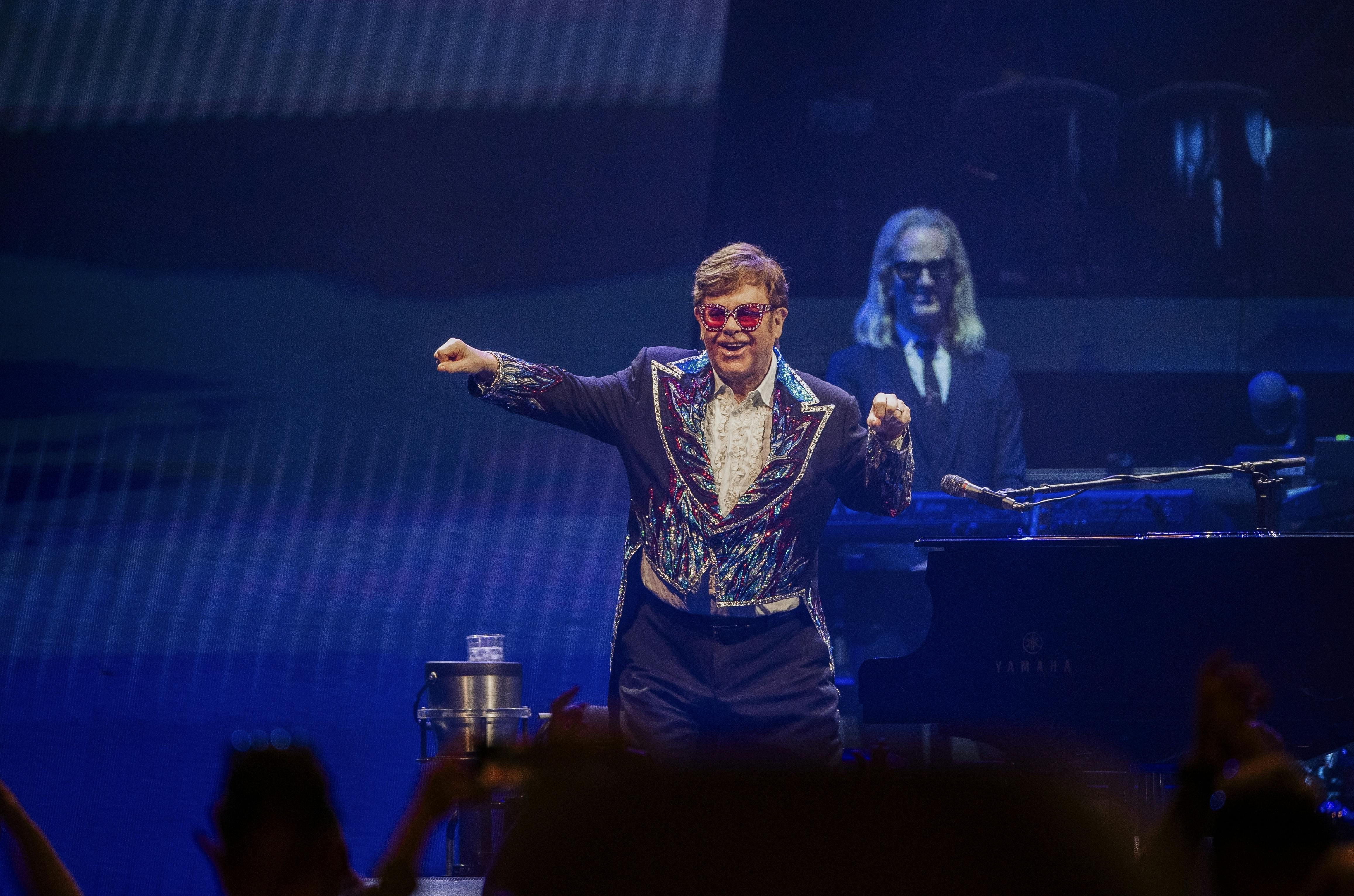 Elton John performs at the final leg of his 'Farewell Yellow Brick Road' tour in Stockholm, Saturday, July 8, 2023. (AP Photo/Caisa Rasmussen)