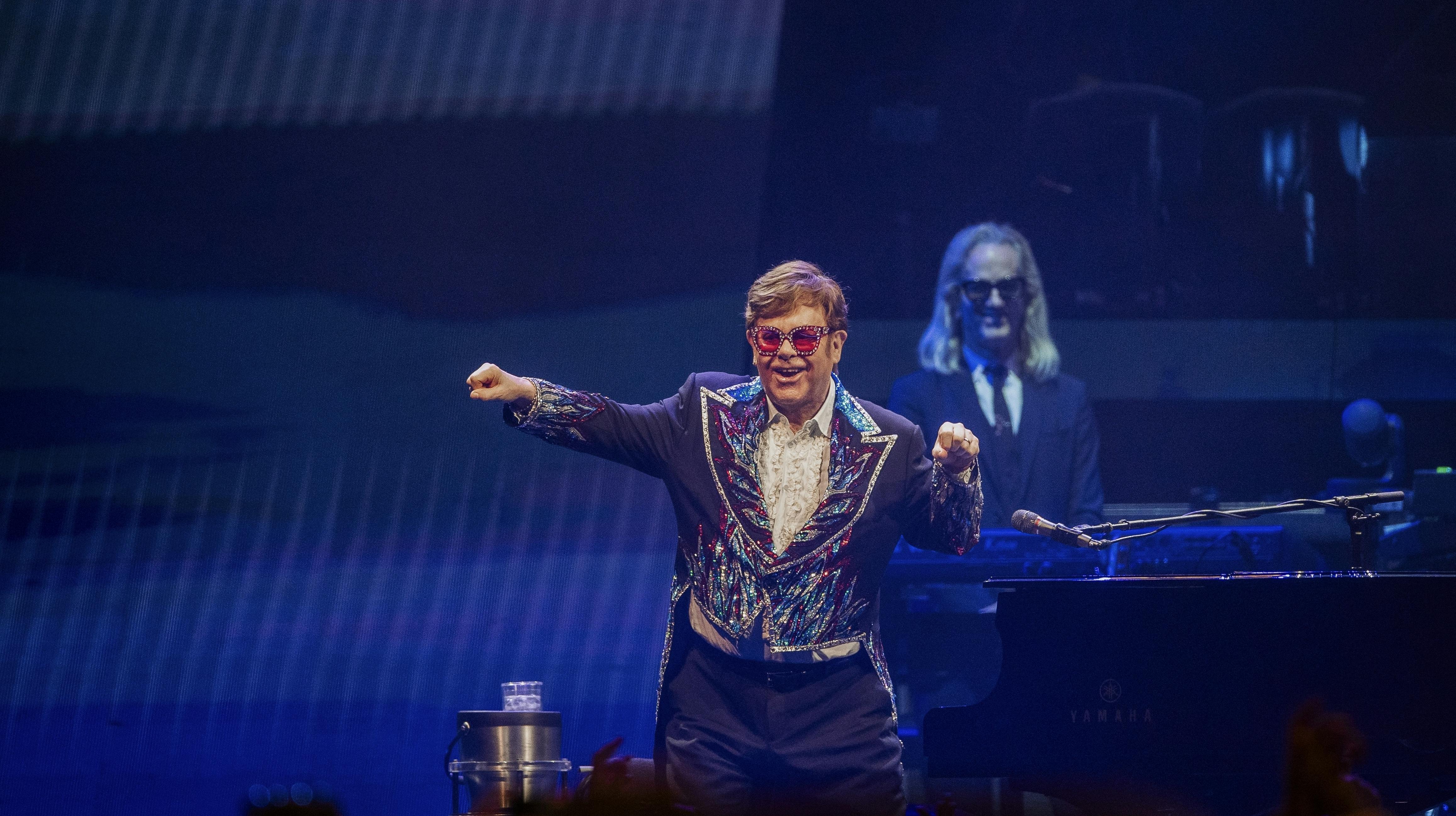 Elton John performs at the final leg of his 'Farewell Yellow Brick Road' tour in Stockholm, Saturday, July 8, 2023. (AP Photo/Caisa Rasmussen)