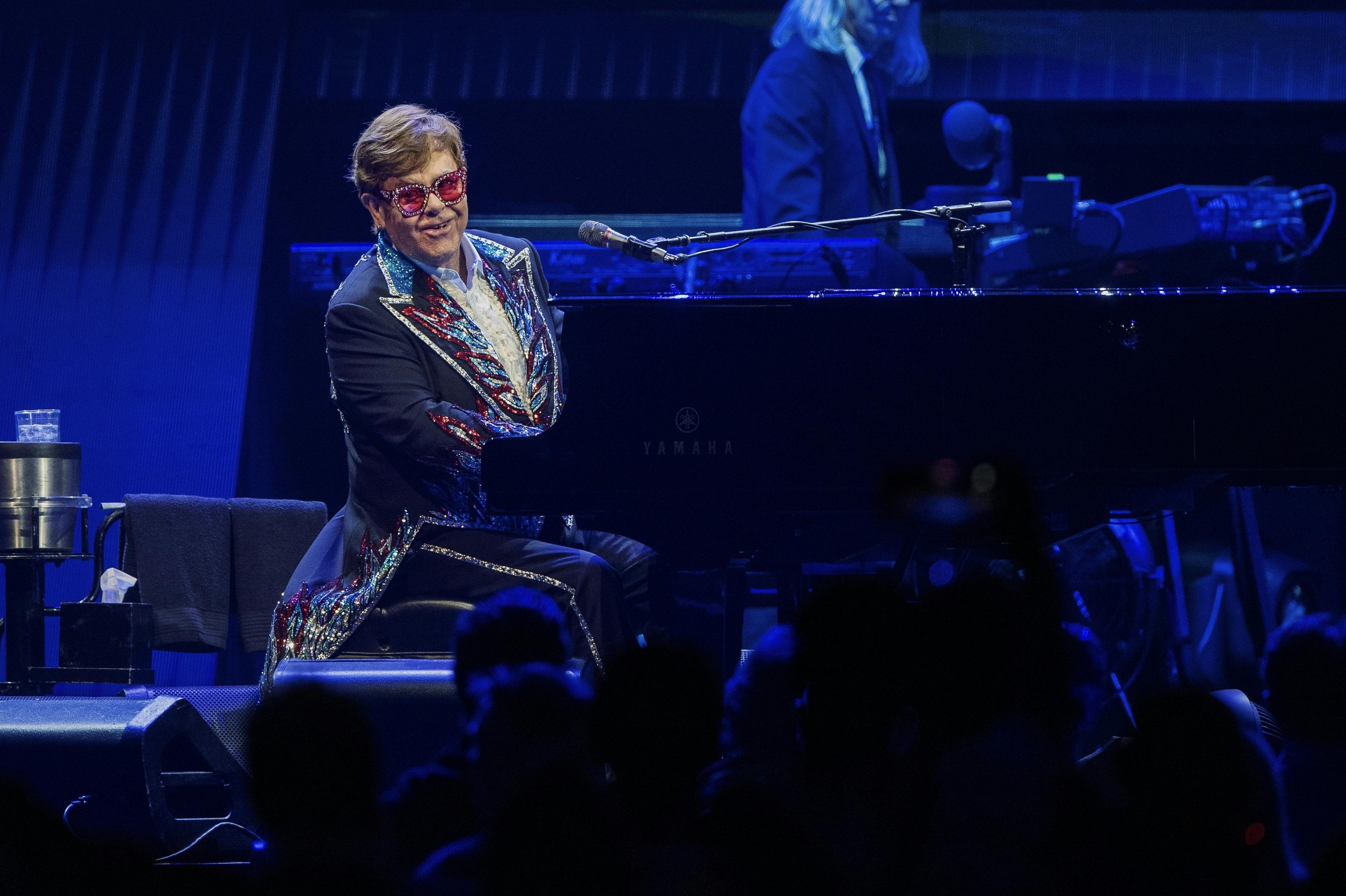 Elton John performs at the final leg of his 'Farewell Yellow Brick Road' tour in Stockholm, Saturday, July 8, 2023. (AP Photo/Caisa Rasmussen)