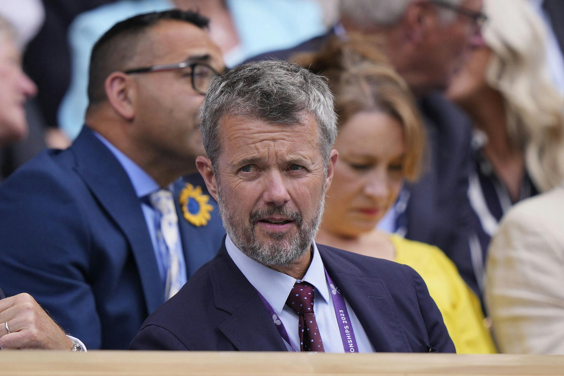 Denmark's Crown Prince Frederick sits in the Royal Box on Centre Court on day eight of the Wimbledon tennis championships in London, Monday, July 10, 2023. (AP Photo/Alberto Pezzali)