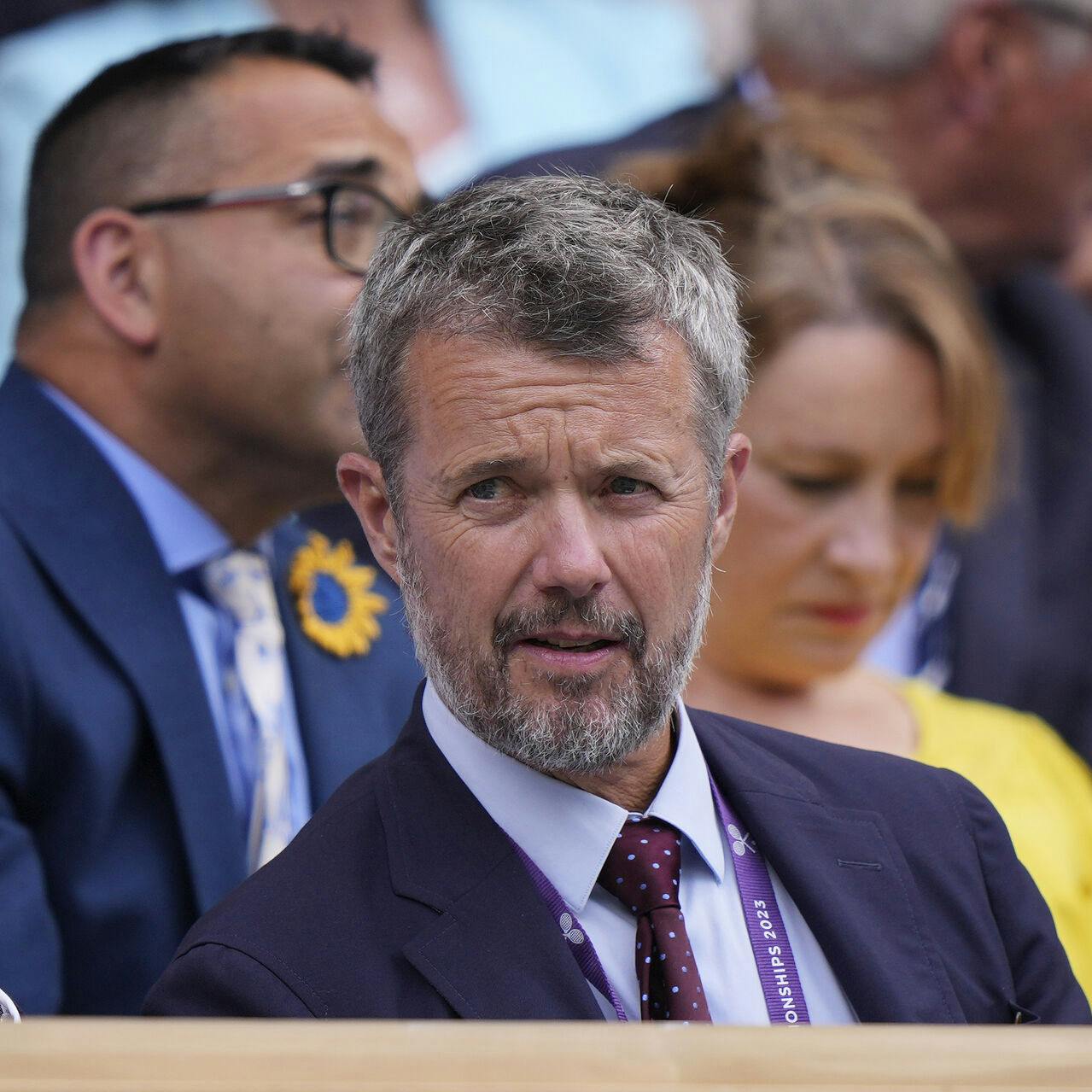 Denmark's Crown Prince Frederick sits in the Royal Box on Centre Court on day eight of the Wimbledon tennis championships in London, Monday, July 10, 2023. (AP Photo/Alberto Pezzali)