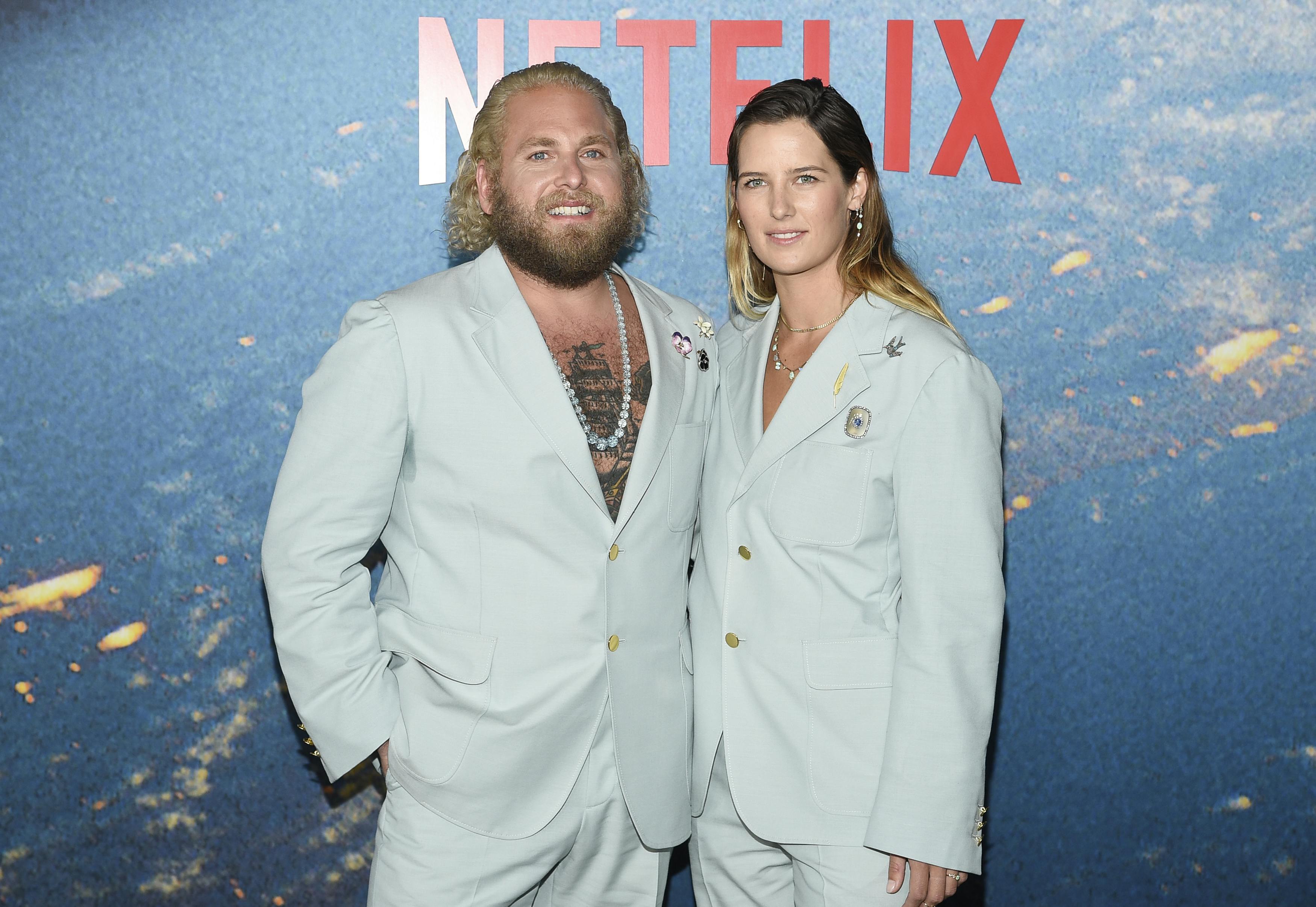Jonah Hill, left, and Sarah Brady attend the world premiere of "Don't Look Up" at Jazz at Lincoln Center on Sunday, Dec. 5, 2021, in New York. (Photo by Evan Agostini/Invision/AP)