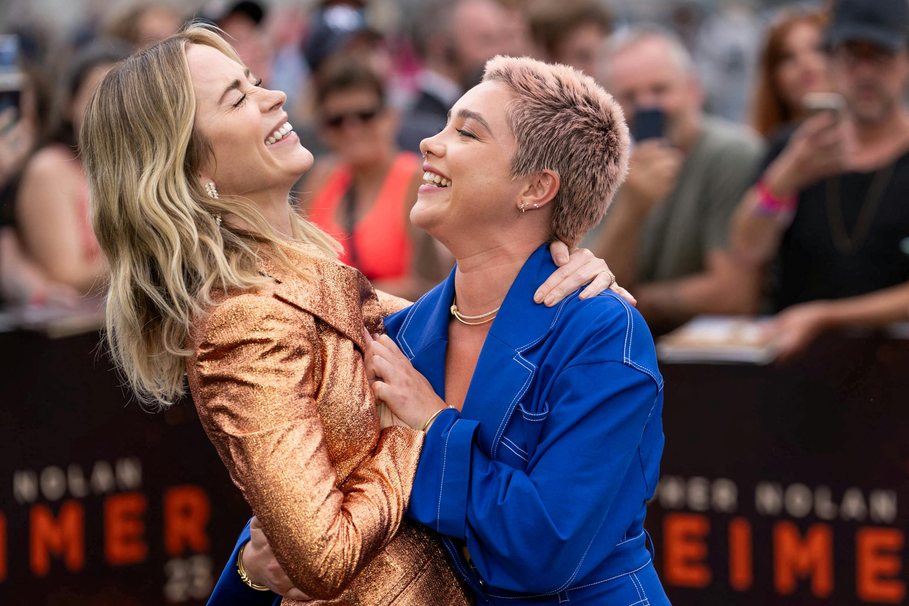 Cast members Emily Blunt and Florence Pugh attend a photo call for "Oppenheimer" in London, Britain, July 12, 2023. REUTERS/Maja Smiejkowska