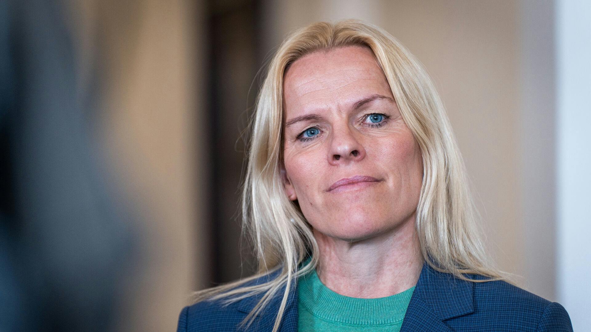 Ældreminister Mette Kierkgaard (M) møder pressen forud for sættemøde med Kommunernes Landsforening om økonomiaftalen for 2024 i Finansministeriet onsdag den 3. maj 2023. (Foto: Emil Nicolai Helms/Ritzau Scanpix)
