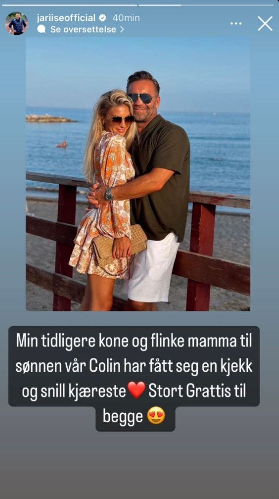 John Arne Riise ønsker ekskonen tillykke med det nye forhold i en story på Instagram.