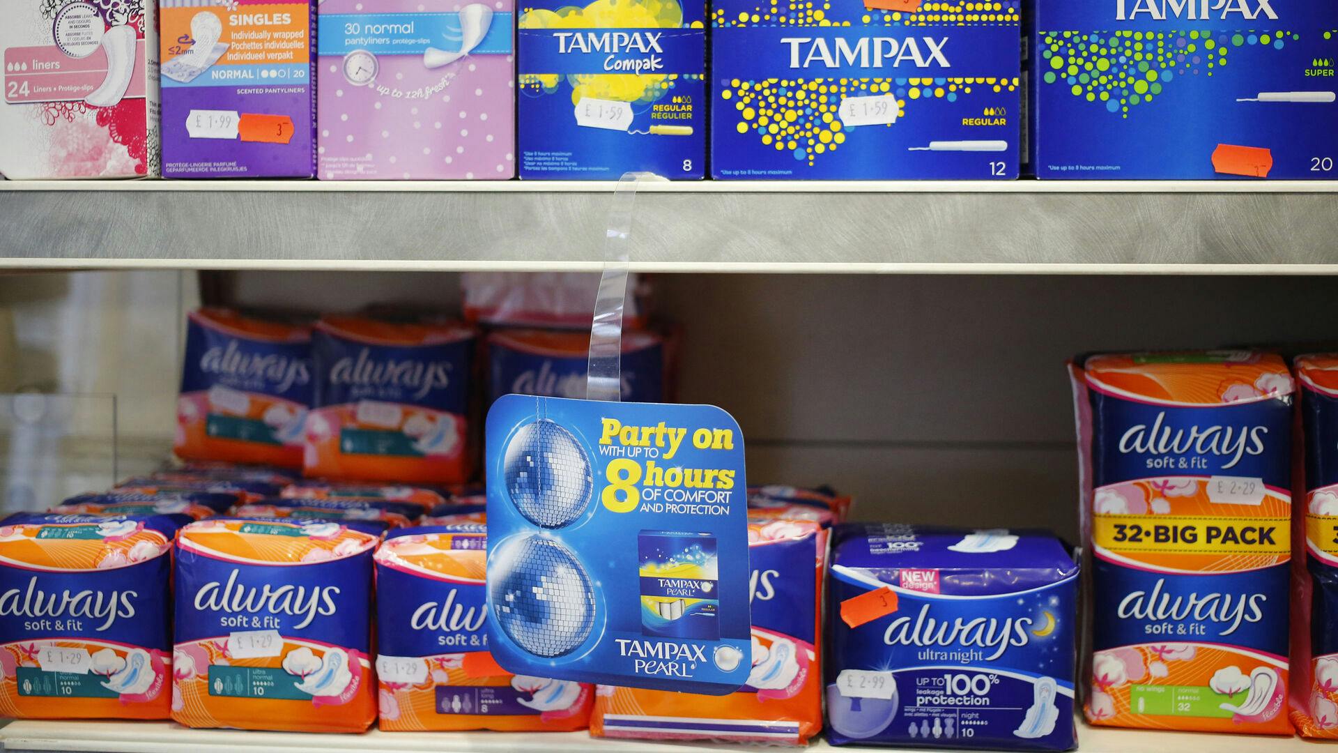 Feminine hygiene products are seen in a pharmacy in London, Britain March 18, 2016. Prime Minister David Cameron won backing at a European Union summit on Thursday to end the so-called "tampon tax" that has become a political football for Britons campaigning to leave the EU in a June referendum. REUTERS/Stefan Wermuth