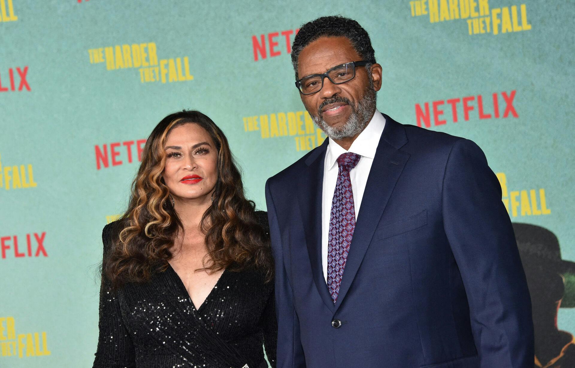 US businesswoman and fashion designer Tina Knowles (L) and husband actor Richard Lee Lawson arrive for the Los Angeles Special Screening of Netflix's "The Harder They Fall" at the Shrine Auditorium in Los Angeles, October 13, 2021. Chris DELMAS / AFP