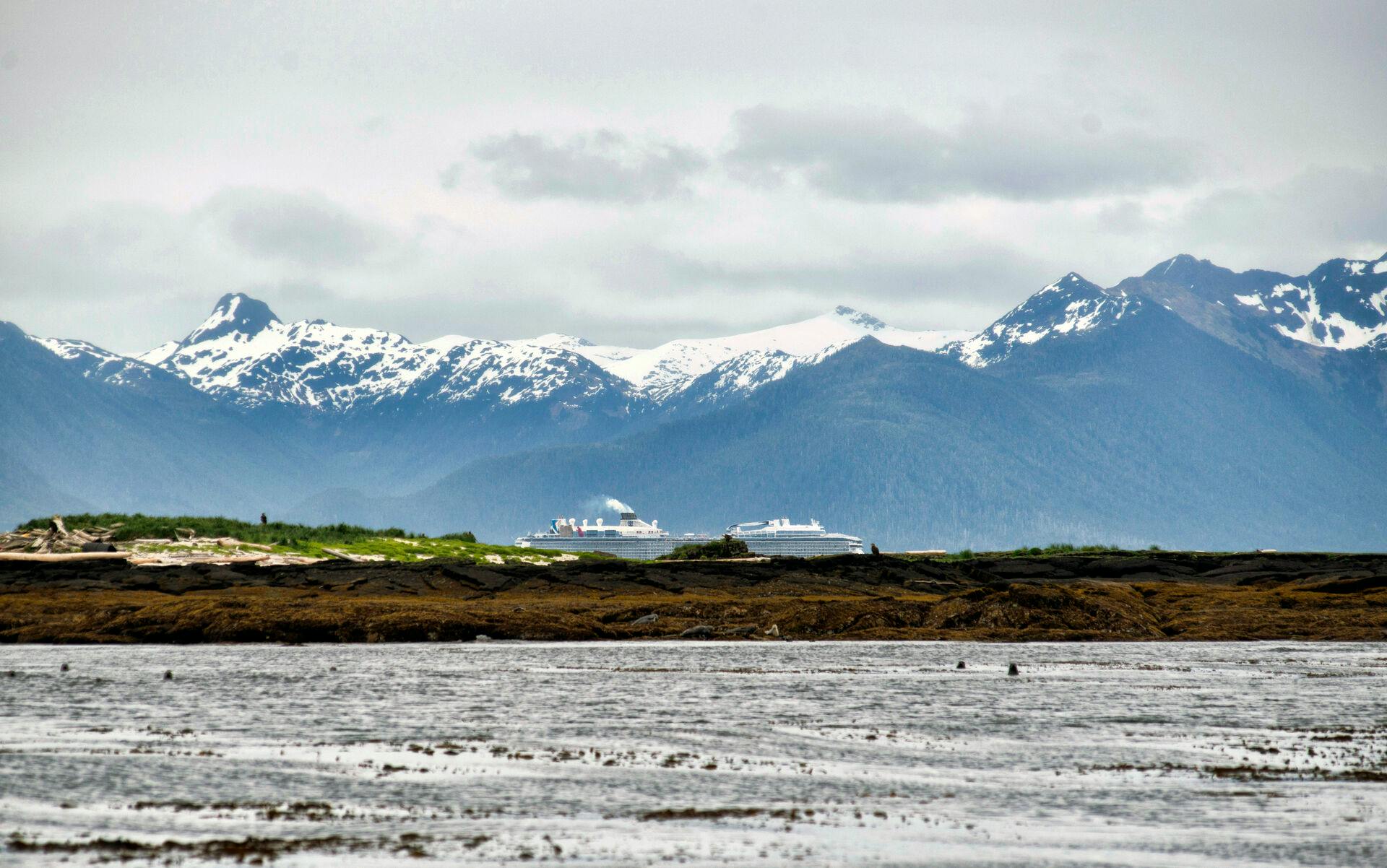 The cruise ship Quantum of the Seas passes through Sitka Sound, Thursday, June 1, 2023, as seen from near Low Island, the site of a fatal charter boat accident, Sunday, May 28. (James Poulson/The Daily Sitka Sentinel via AP)