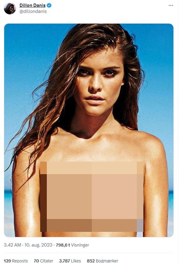 Dette billede af Nina Agdal - uden sløring - har Dillon Danis delt på sin X-konto.